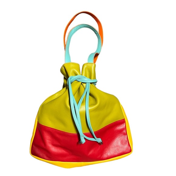 ili Color Block Leather Drawstring Shoulder Bag - Picture 2 of 10